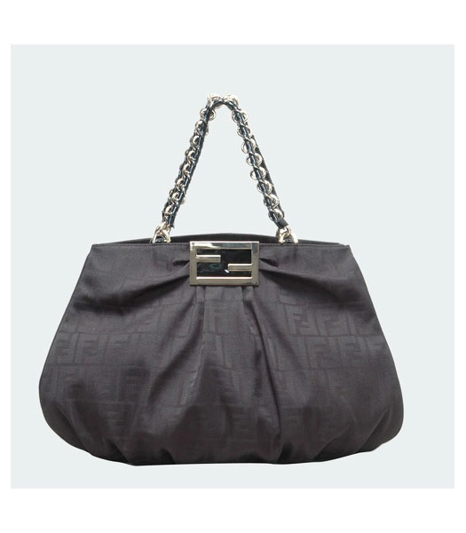 Fendi Black F Canvas Shoulder Bag with Patent Leather Trim
