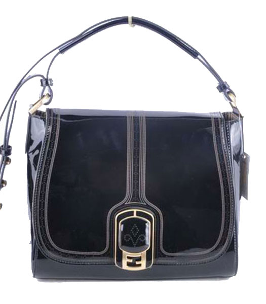 Fendi Black Patent Leather Messenger Tote Bag