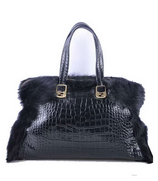 Fendi Black Wool With Croc Veins Leather Tote Bag