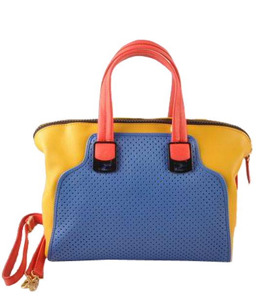Fendi Blue Calfskin Covered By Holes With Yellow Leather Small Tote Bag