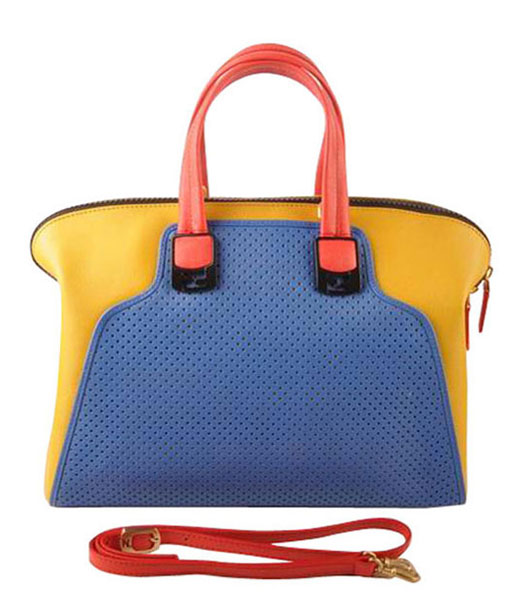 Fendi Blue Calfskin Covered By Holes With Yellow Leather Tote Bag