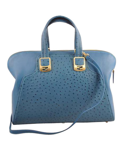 Fendi Blue Ostrich Veins Leather Tote Bag