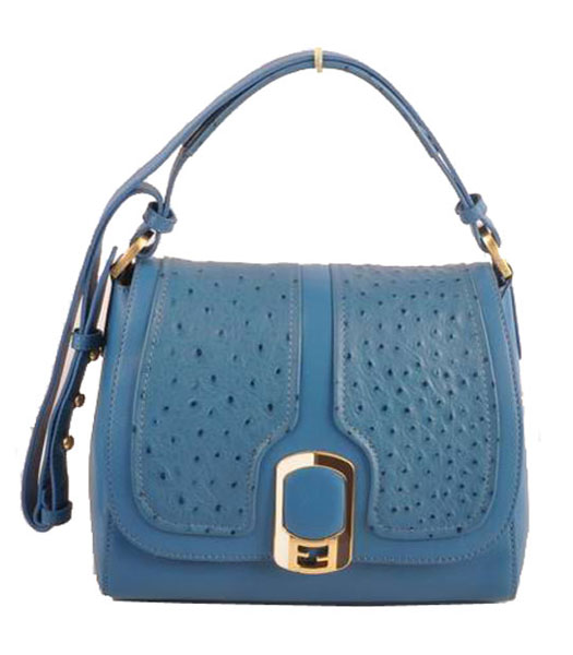 Fendi Blue Ostrich Veins Leather With Ferrari Leather Messenger Tote Bag
