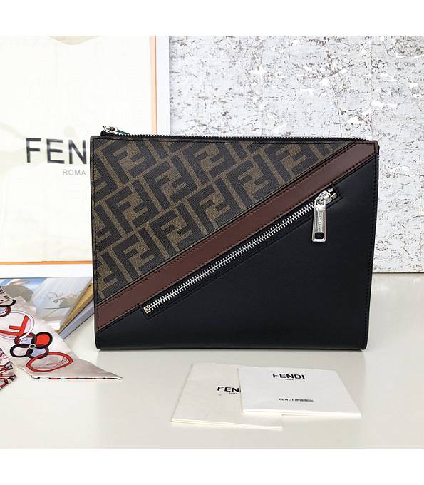 Fendi Brown FF Fabric With Black/Coffee Original Calfskin Leather 27cm Clutch