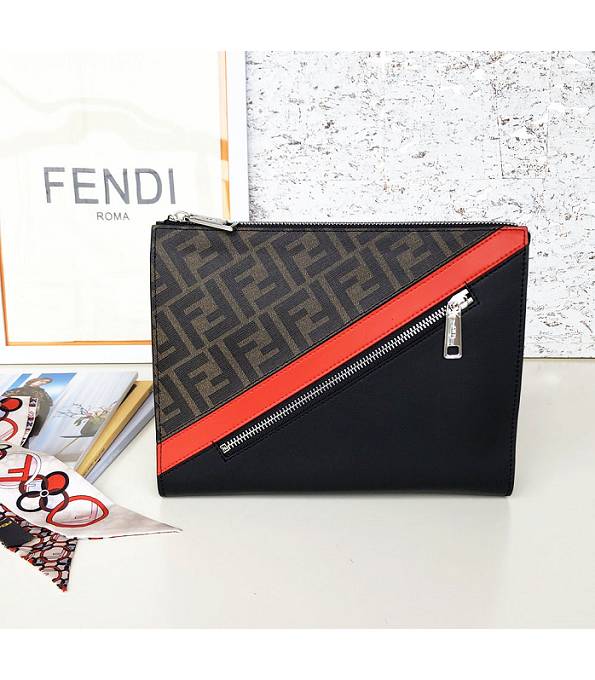 Fendi Brown FF Fabric With Black/Red Original Calfskin Leather 27cm Clutch