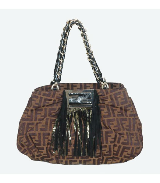 Fendi Canvas Tassel Handbag with Black Leather Trim