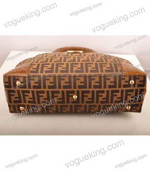 Fendi Chameleon F Fabric With Coffee Croc Leather Tote Bag-3
