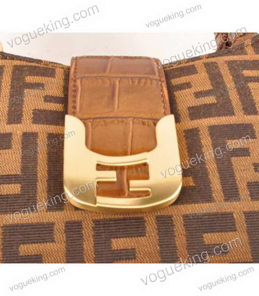 Fendi Chameleon F Fabric With Coffee Croc Leather Tote Bag-5