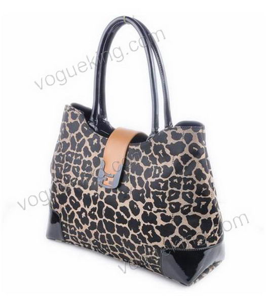 Fendi Chameleon Leopard Fabric with Black Leather Tote Bag-2