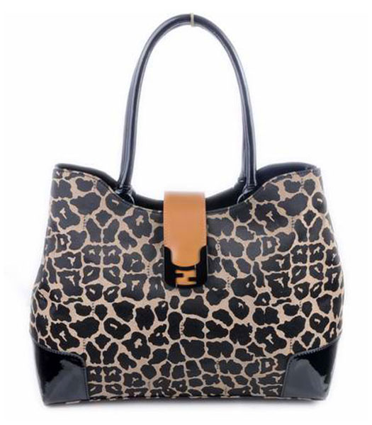 Fendi Chameleon Leopard Fabric with Black Leather Tote Bag