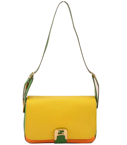 Fendi Chameleon Medium Saddle Messenger Bag Lemon Yellow Ferrari With Orange And Green Leather
