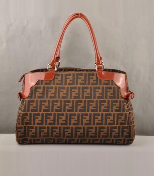 Fendi Chef Zucca Tote Bag F Fabric with Coffee Patent Leather