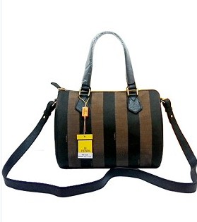 Fendi Classic Boston Bag in Stripe Fabric With Black Leather
