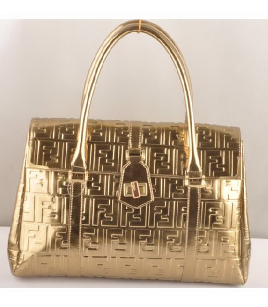 Fendi Classico Embossed Patent Leather Tote Bag Golden