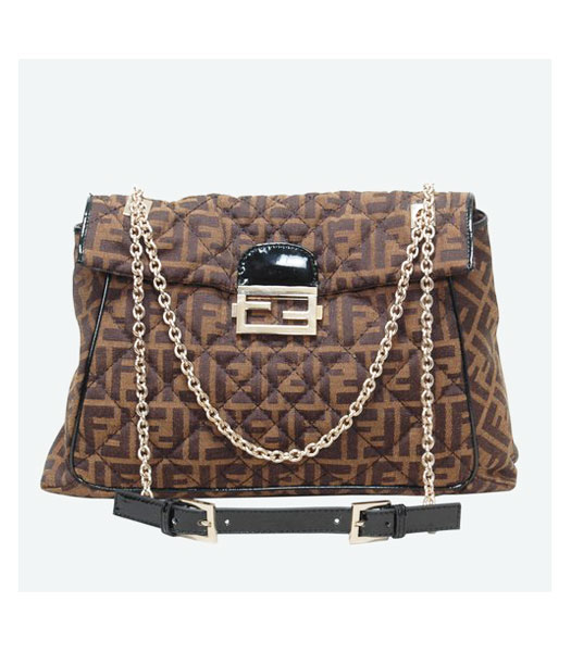Fendi Coffee Canvas Chain Bag with Patent Leather Trim Black
