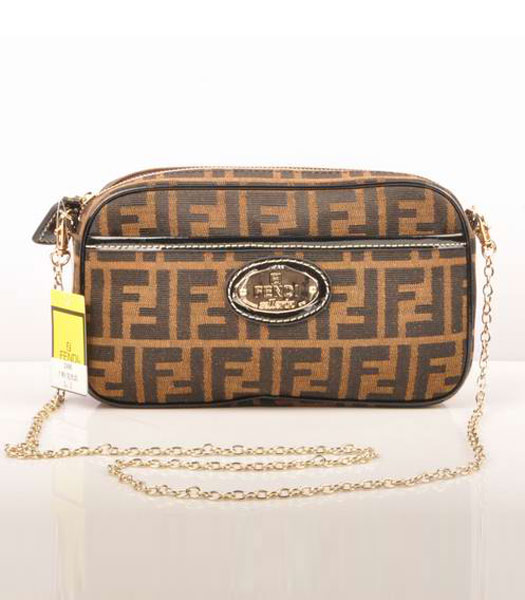Fendi Coffee F Fabric with Black Cow Leather Chain Bag