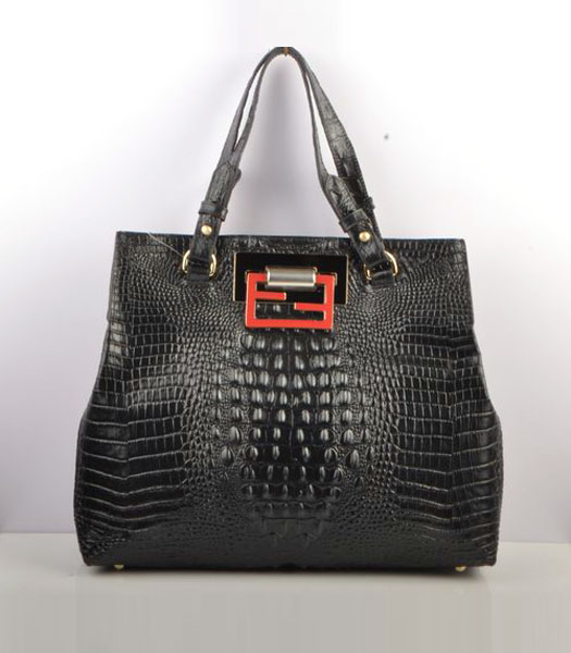 Fendi Croc Veins Calfskin Leather Handbag Black