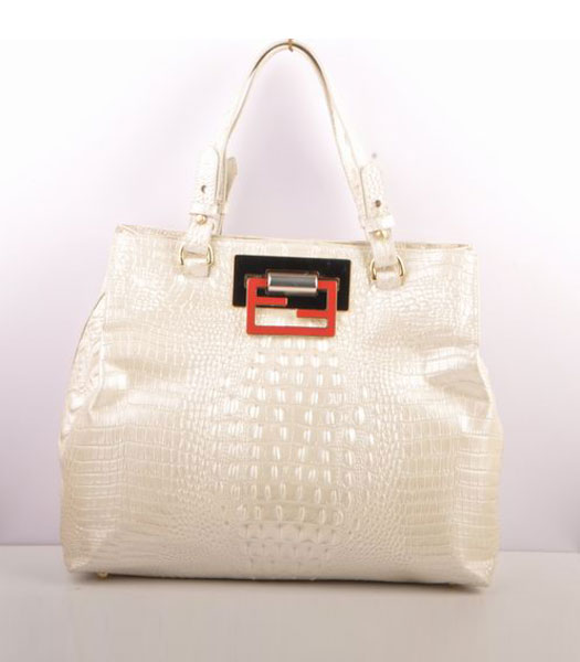 Fendi Croc Veins Calfskin Leather Handbag White