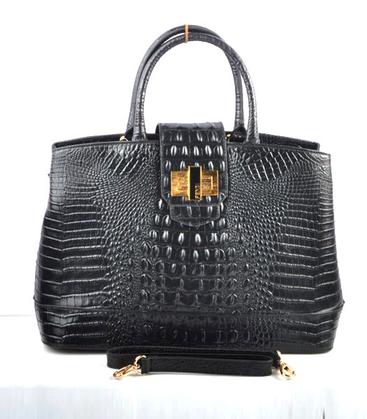 Fendi Croc Veins Calfskin Leather Tote Bag Black