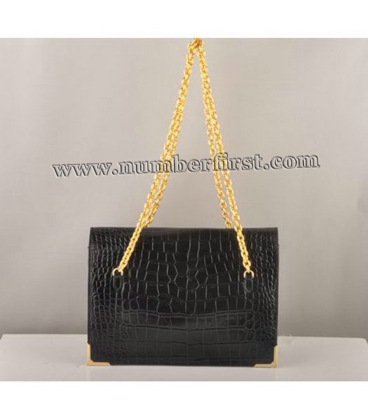 Fendi Croc Veins Leather Chain Bag Black-2