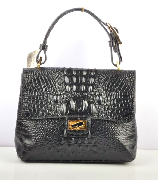 Fendi Croc Veins pattern Leather Small Handbag Black