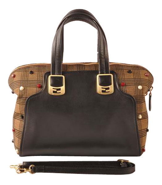 Fendi Damier Fabric With Black Leather Small Tote Bag