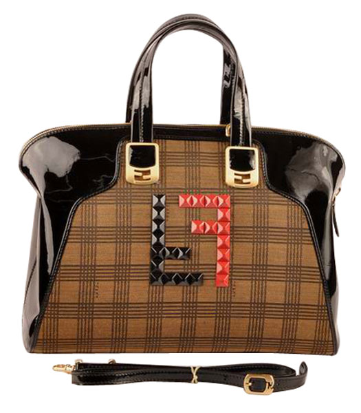 Fendi Damier Fabric With Black Patent Leather Tote Bag