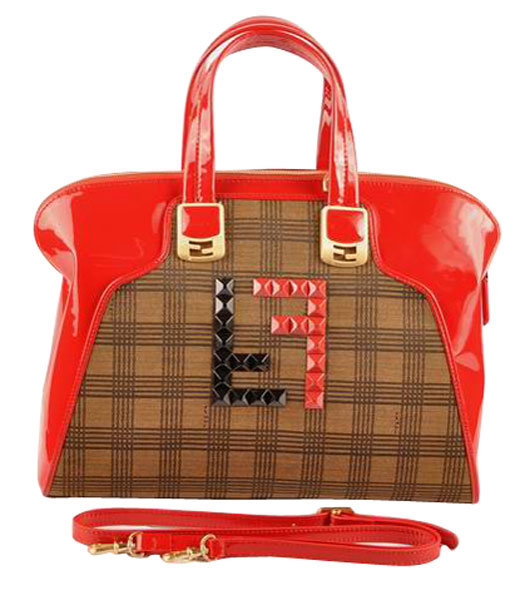 Fendi Damier Fabric With Red Patent Leather Tote Bag