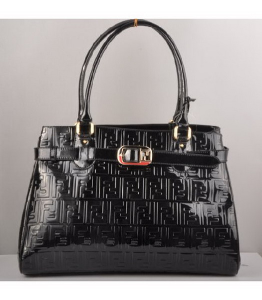 Fendi Embossed Patent Leather Belt Tote Bag Black