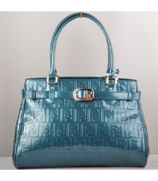 Fendi Embossed Patent Leather Belt Tote Bag Blue