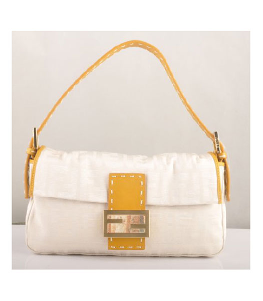 Fendi F Canvas Shoulder Bag with Yellow Oil Leather Trim