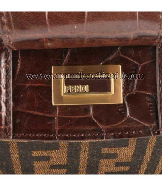 Fendi F Canvas Tote Bag with Coffee Croc Veins Leather Trim-4