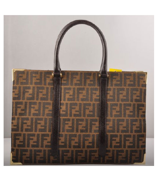 Fendi F Canvas Tote Bag with Coffee Leather Trim