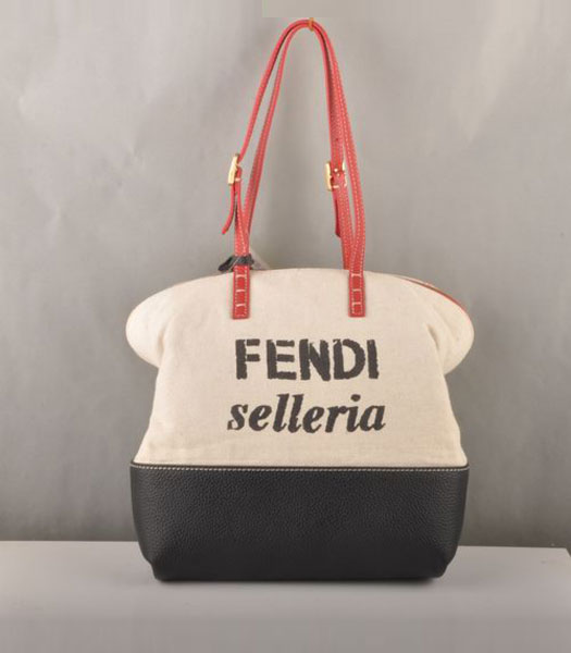 Fendi Fabric Tote Bag Black Leather with Red Strap Handle