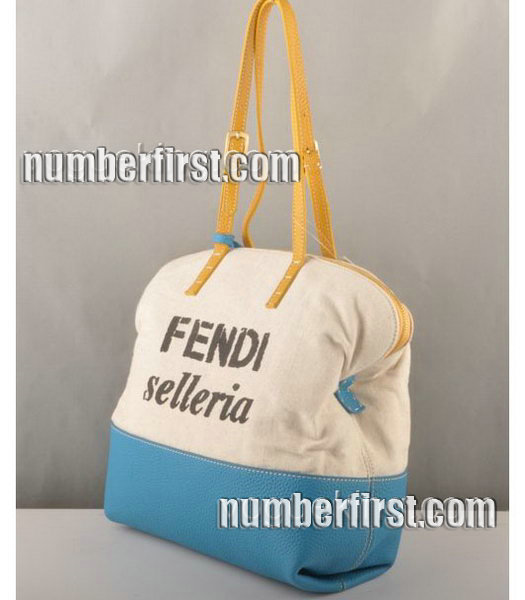 Fendi Fabric Tote Bag Blue Leather with Yellow Strap Handle-1