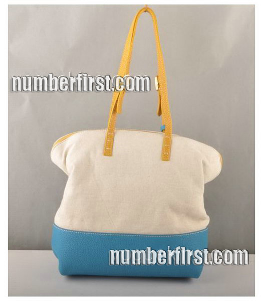 Fendi Fabric Tote Bag Blue Leather with Yellow Strap Handle-2