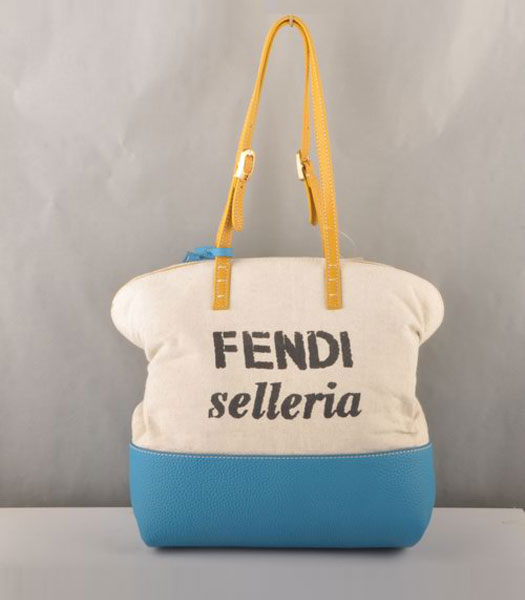 Fendi Fabric Tote Bag Blue Leather with Yellow Strap Handle