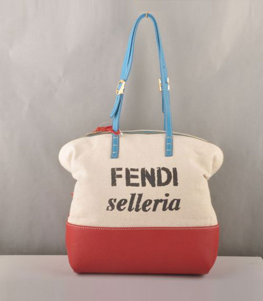 Fendi Fabric Tote Bag Dark Red Leather with Blue Strap Handle 