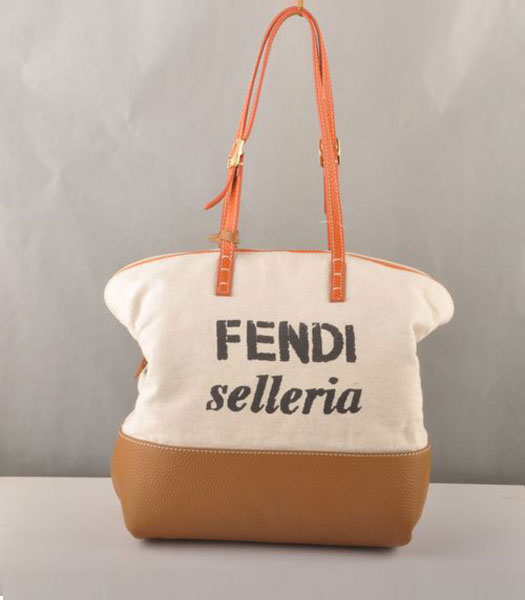 Fendi Fabric Tote Bag Earth Yellow Leather with Orange Strap Handle