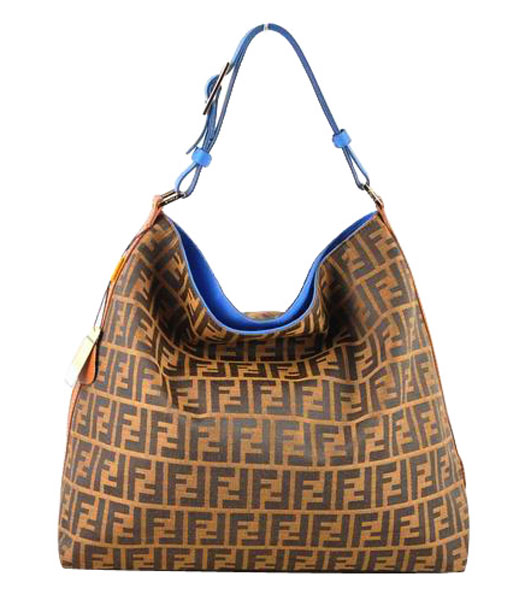 Fendi FF Fabric With Blue Leather Large Hobo Bag