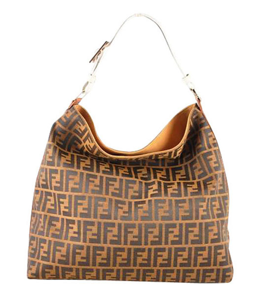 Fendi FF Fabric With White Leather Large Hobo Bag
