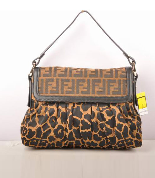 Fendi Forever Chef Zucca Logo Jacquard Bag Leopard Print Fabric with Black Leather 