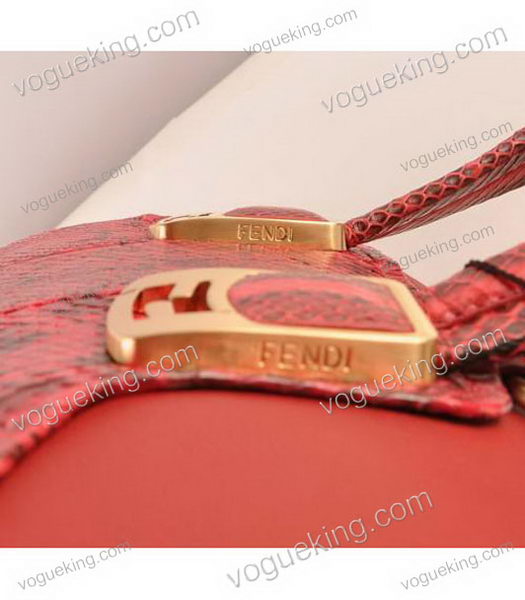 Fendi Fuchsia Snake Veins Leather With Red Ferrari Leather Tote Bag-5