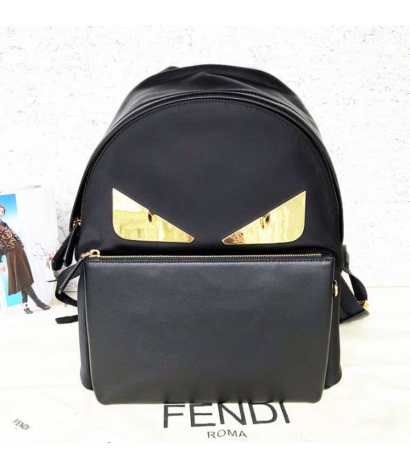 Fendi Golden Metal Eye Black Nylon With Original Leather Backpack