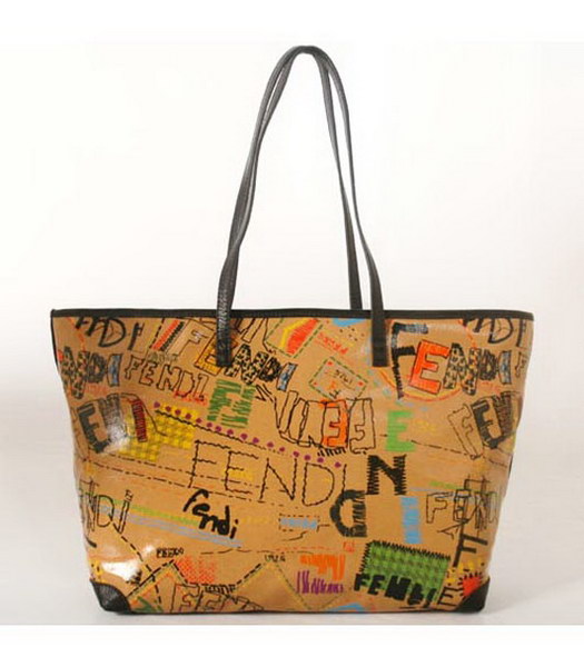 Fendi Graffiti Shopper Handbags Light Coffee with Black Strap