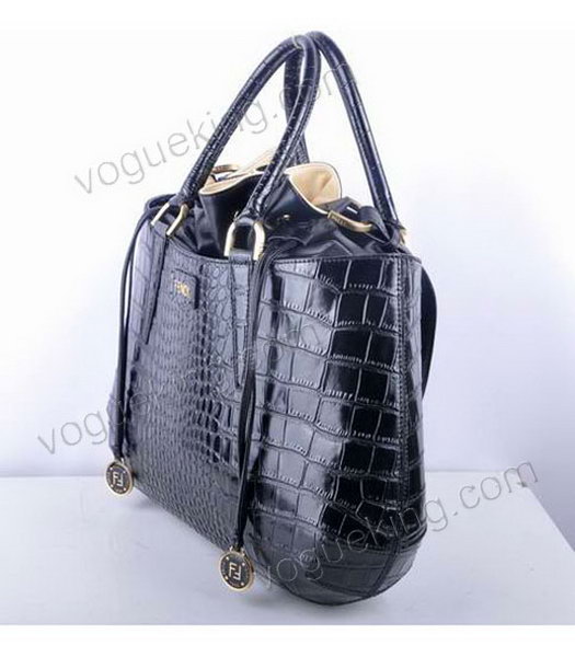Fendi Large Black Croc Veins Leather Tote Bag-1