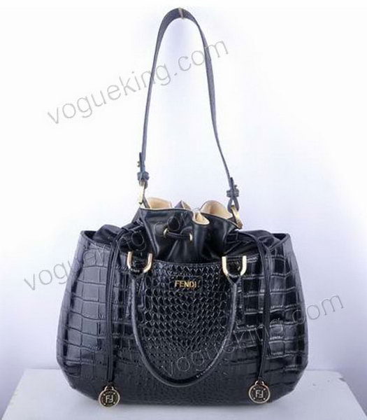 Fendi Large Black Croc Veins Leather Tote Bag-5