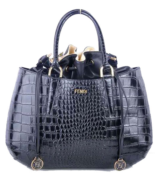 Fendi Large Black Croc Veins Leather Tote Bag