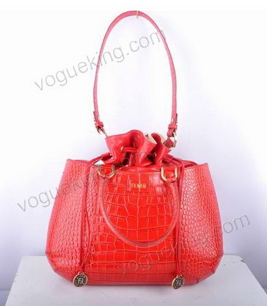 Fendi Large Red Croc Veins Leather Tote Bag-5