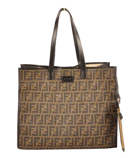 Fendi Large Shopping Bag Coffee F Fabric Covered By Holes With Black Leather
